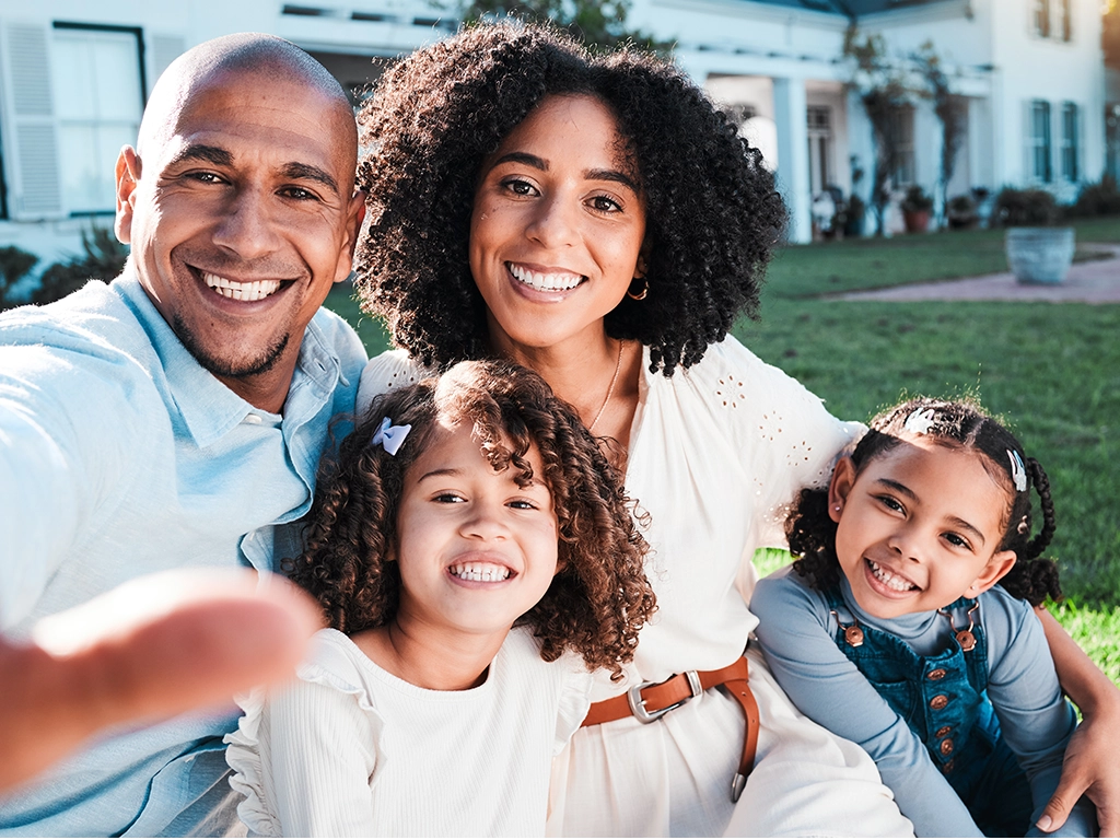 family outdoor selfie with parents in backyard for love and care